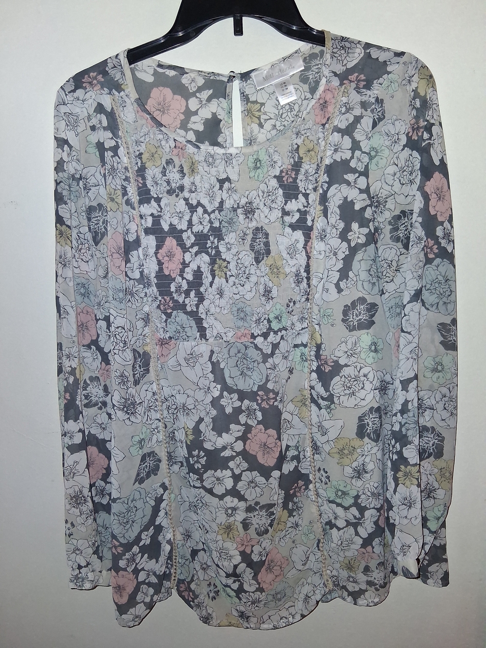 Motherhood Sheer Floral Blouse in Gray with Pastel Accents